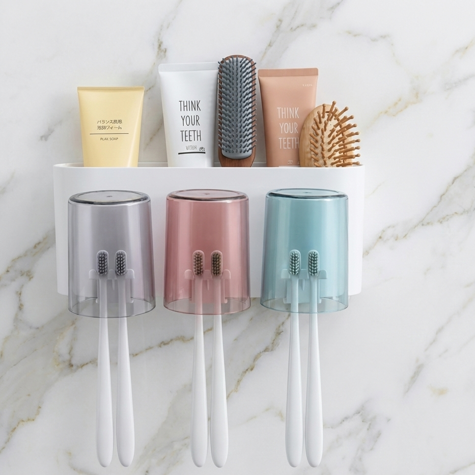 Adhesive Wall-Mounted Toothbrush Holder (3 Cups)