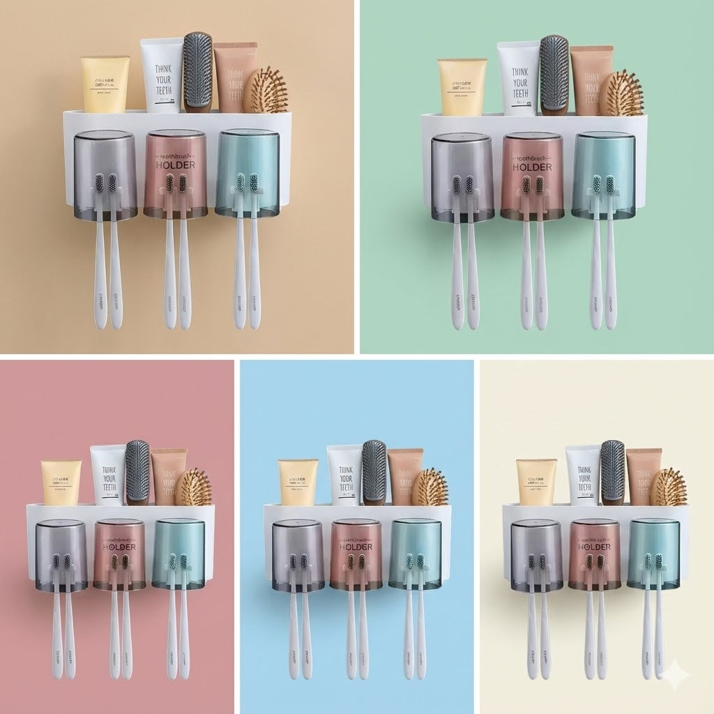 Adhesive Wall-Mounted Toothbrush Holder (3 Cups)